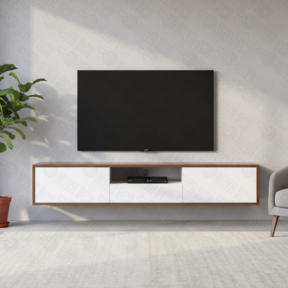 Meuble TV Suspendu Design Moderne Blanc et Marron 2