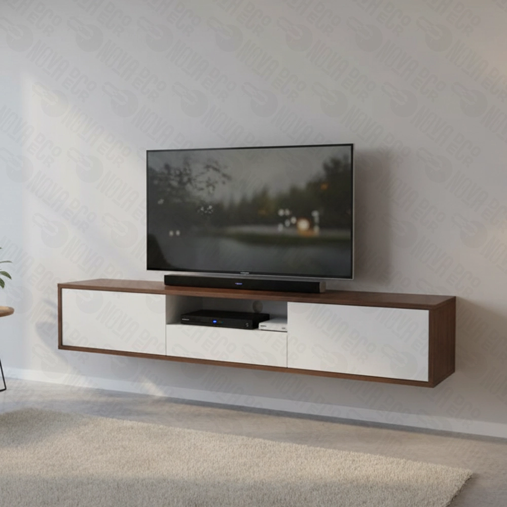 Meuble TV Suspendu Design Moderne Blanc et Marron